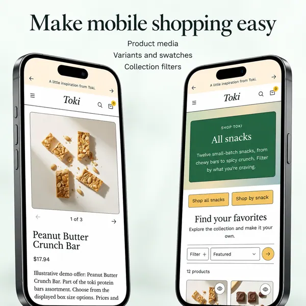 Illustrated mobile Toki product and collection pages: product media, variants and swatches, and collection filters.