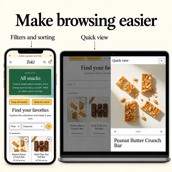 Illustrated mobile collection filters and sorting alongside desktop quick view.